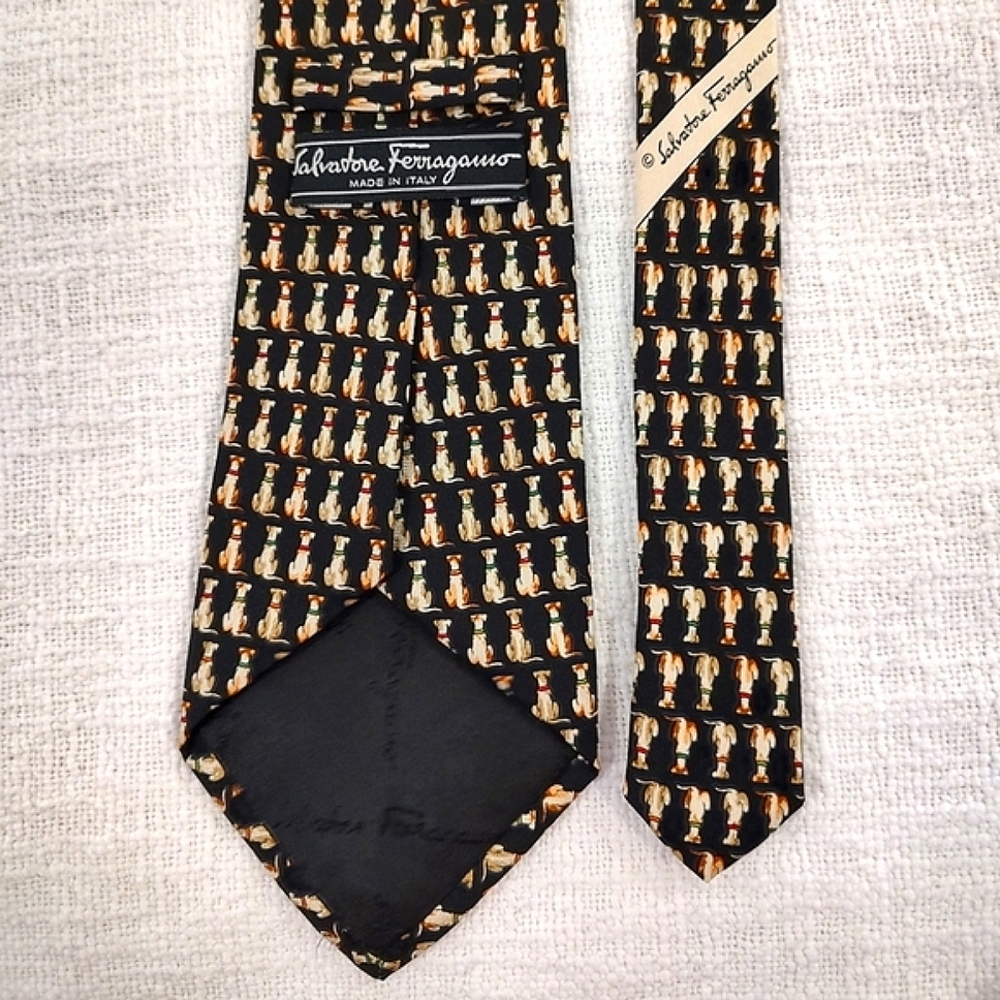 Salvatore Ferragamo Silk Tie Dogs Black Greyhound Career - Picture 5 of 5